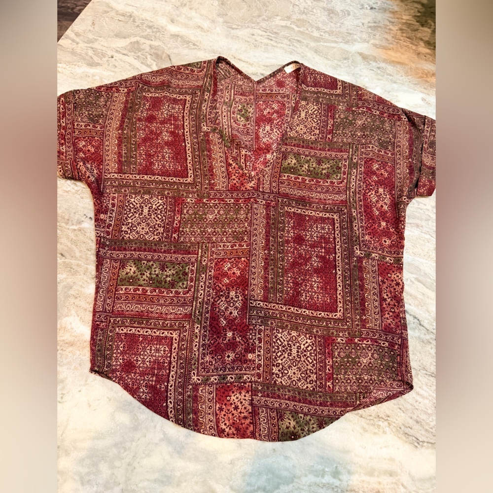 Lush Boho Patchwork Print Blouse Women’s XS Long Sleeve Burgundy Paisley